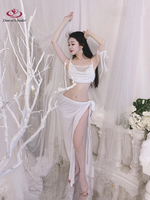 Fato de dança do ventre feminino, suspensório branco puro, slim fit, roupas de prática e performance para as nádegas reveladoras