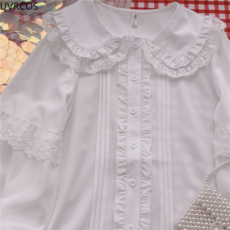 Kaus Lolita Putih Elegan Blus Gaya Preppy Wanita Lucu Peter Pan Kerah Renda Ruffle JK Kemeja Perempuan Lengan Panjang Blus Mujer