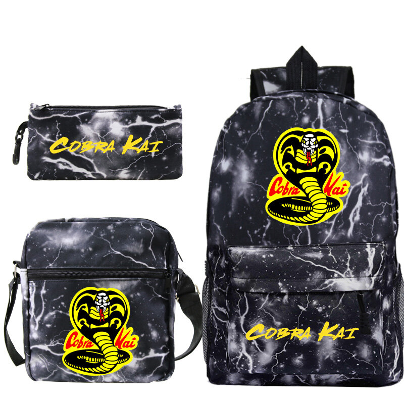 Mochila de impressão Cobra Kai para meninos e meninas, mochila escolar leve com filme impresso, mochila de grande capacidade para crianças, 3 pcs set