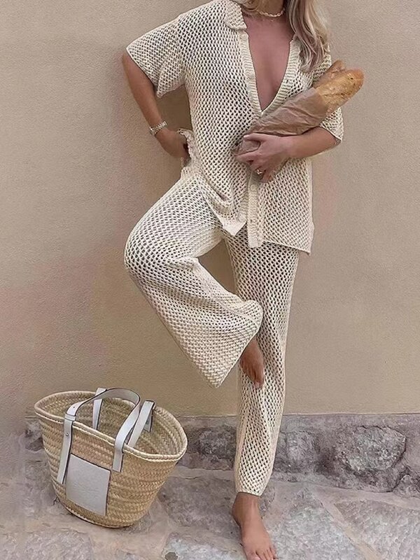 Женское однотонное пляжное накидка, вязаный кардиган с вырезами, комплект из топа и прямых брюк, соблазнительный сетчатый костюм с высокой талией, 2024, 2 шт.