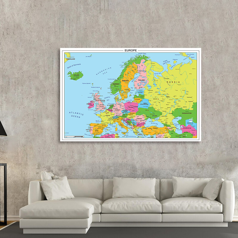 Affiche Murale de la Carte de l'Europe, Peinture Non Tissée, Décoration de la Maison, Chambre d'Irritation, Fournitures Scolaires Fuchsia pour Enfants, 150x100cm