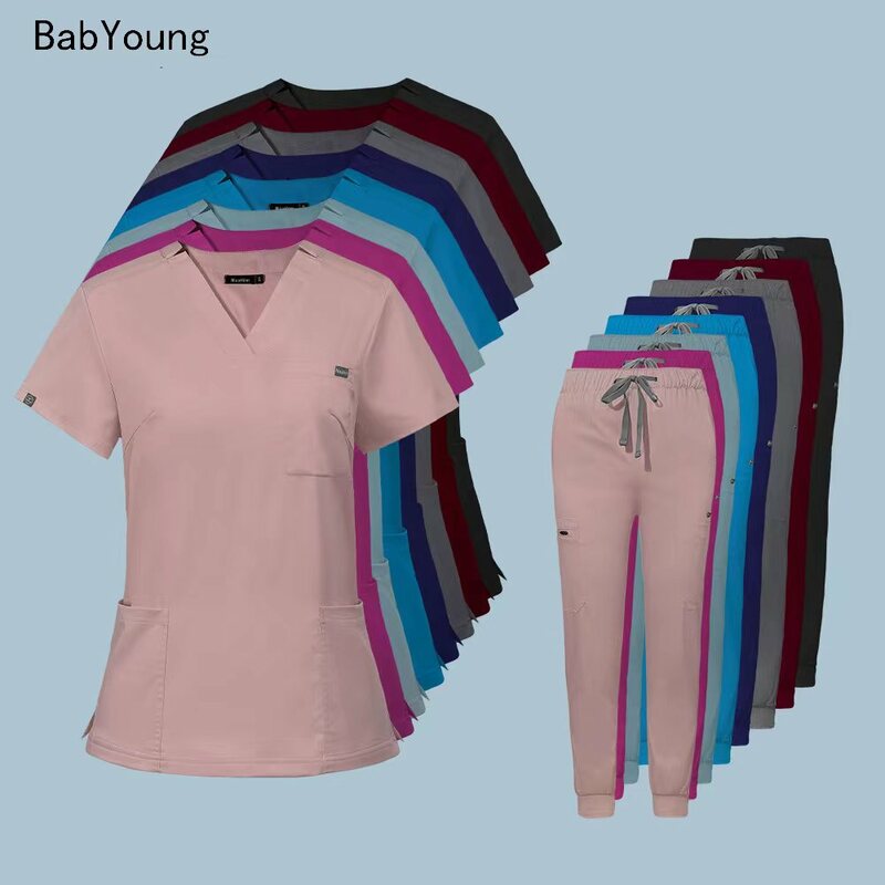 Uniformes médicos para a enfermeira de verão uniformes de moda feminina legal tecido manga curta médica esfrega roupas de enfermagem calças elásticas