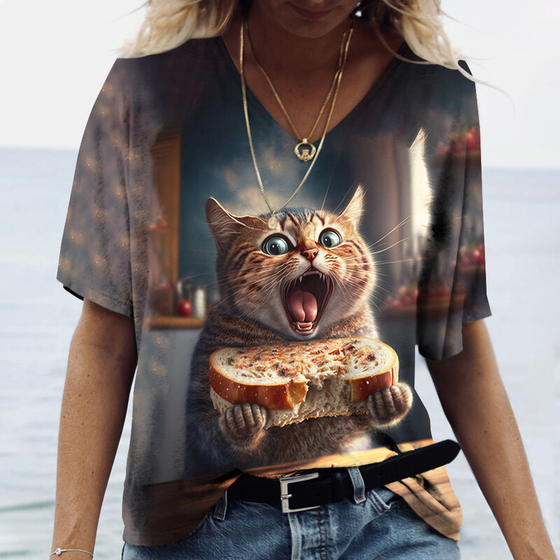 T-Shirt da donna di moda maglietta da donna Harajuku a maniche corte stampata con gatto maglietta da donna maglietta oversize con scollo a v abbigliamento donna animale