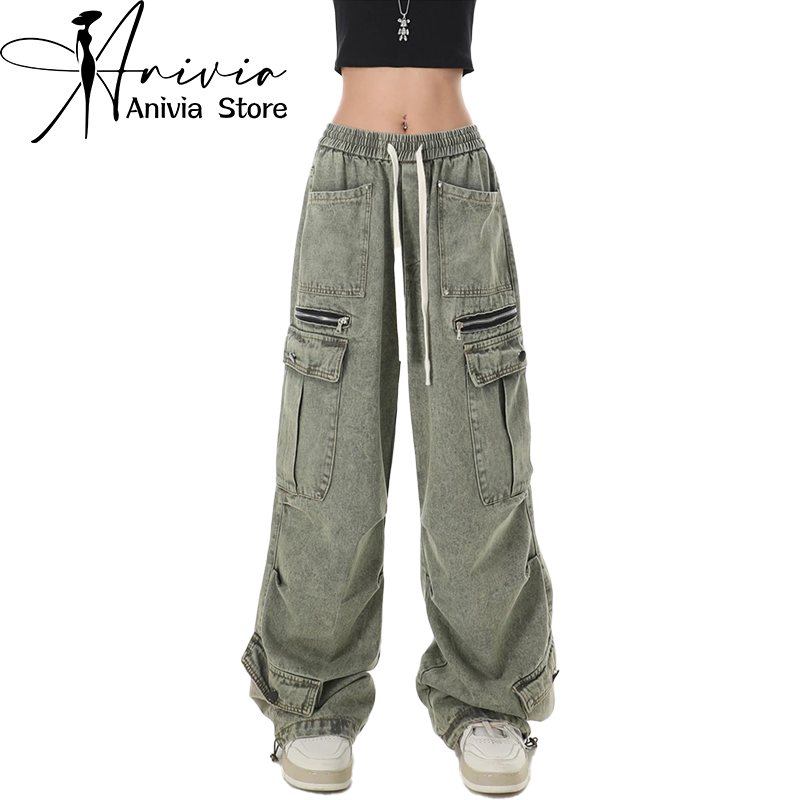 Jeans cargo Y2K feminino, calça jeans larga estética Harajuku, calça japonesa grande, roupas da moda vintage, estilo anos 2000