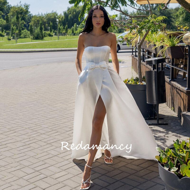Reamancy-シンプルなストラップレスのサテンの空中ブランコのウェディングドレス、女性のためのスリムな弓、ノースリーブ、ウェディングドレス、2024