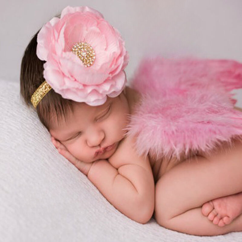 Asas de Pena de Anjo para Recém-nascidos, Roupas Fotografia, Menina Peony Flower Headband, Tirar Fotos, Acessórios de Cabelo
