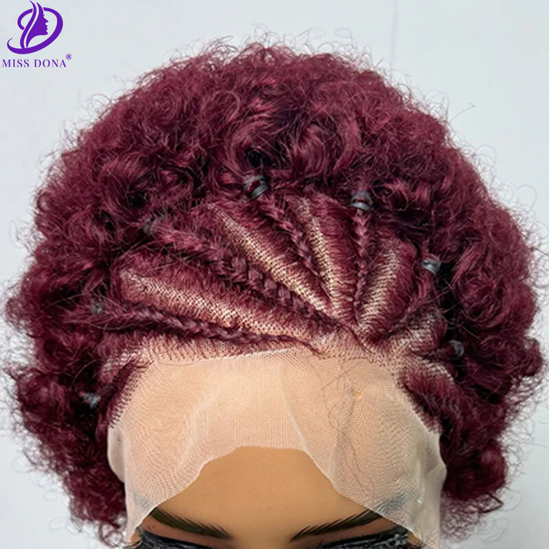 MissDona-Peluca de cabello humano rizado con trenzas para mujer, pelo Afro con malla frontal 13x4, color burdeos, 100%