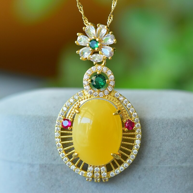 Natural Amber Necklace Women Healing Gemstone Fine Jewelry Accessorie Genuine Baltic Amber Colorful Zircon Oval Pendant Necklace