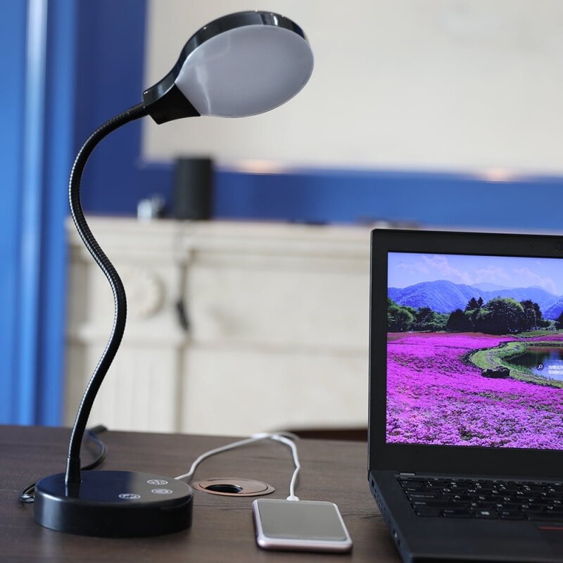Steunpilaren Moderne Dimbare Led-Bureaulamp Met USB-Oplaadpoort, Zwarte Afwerking, Voor Alle Leeftijden