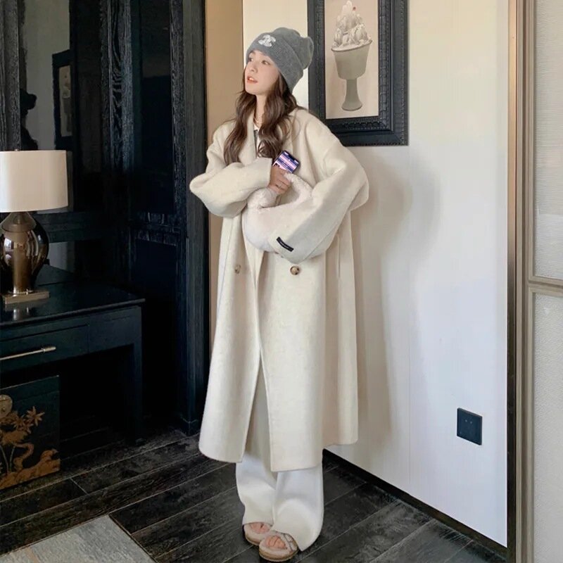 Женское длинное шерстяное пальто VANOVICH, однотонное двубортное повседневное Свободное пальто в Корейском стиле, Осень-зима 2024