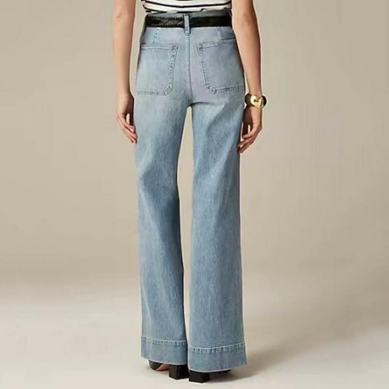Celana Jeans longgar wanita, celana Denim ketat pinggang tinggi bergaya dengan kantong kaki lebar untuk berpergian belanja kencan