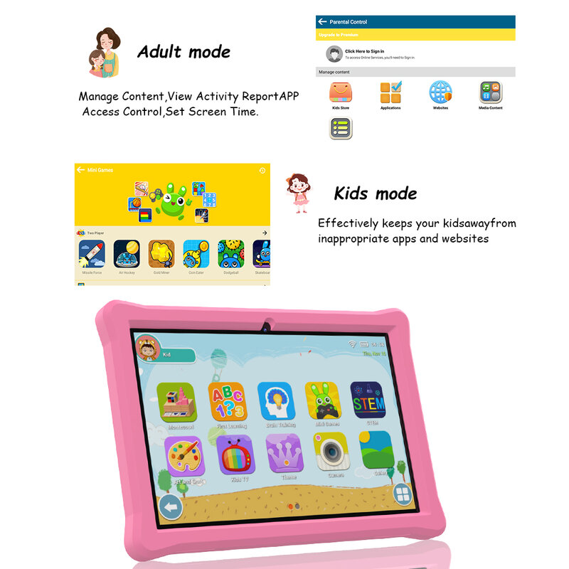 QPS 10 Inch Children's Tablets Android 10 Quad Core 2GB 32GB WIFI 6000mAh Learning Tablets for Kids Toddler WIth Kids APP