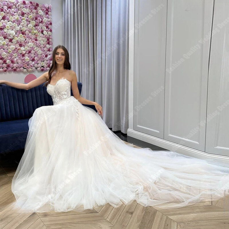 فستان زفاف دانتيل مع طباعة زهور للنساء ، فستان زفاف بسطح تول ، فستان أميرة بطول