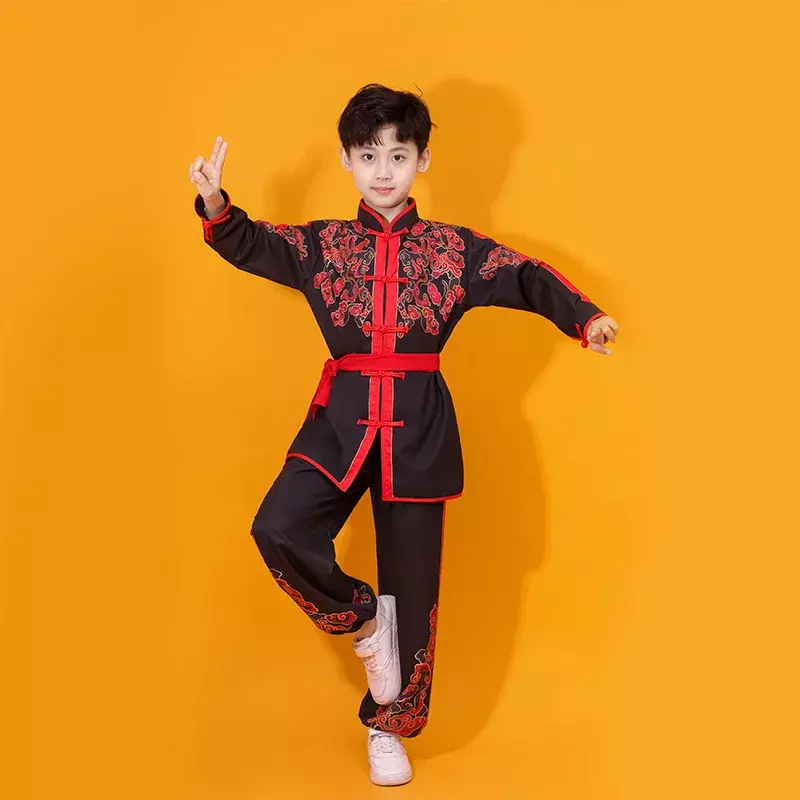 Ubrania dla dzieci Wushu nadruk ze smokiem mundury Kung Fu kostiumy sceniczne dla dorosłych dzieci chińskie tradycyjne sztuka walki stroje