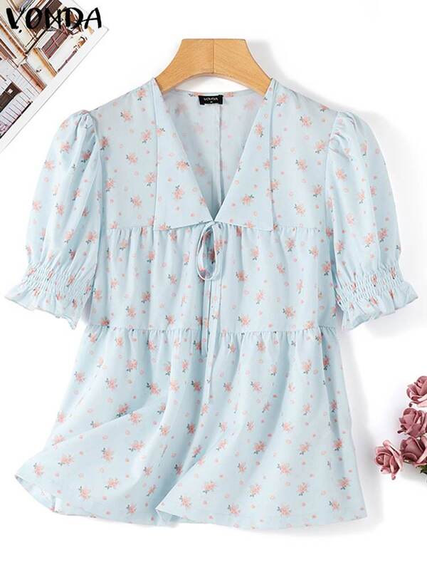 Blus Bohemian wanita 2023 atasan tunik musim panas VONDA baju longgar kasual kerah lengan pendek blus motif bunga elegan