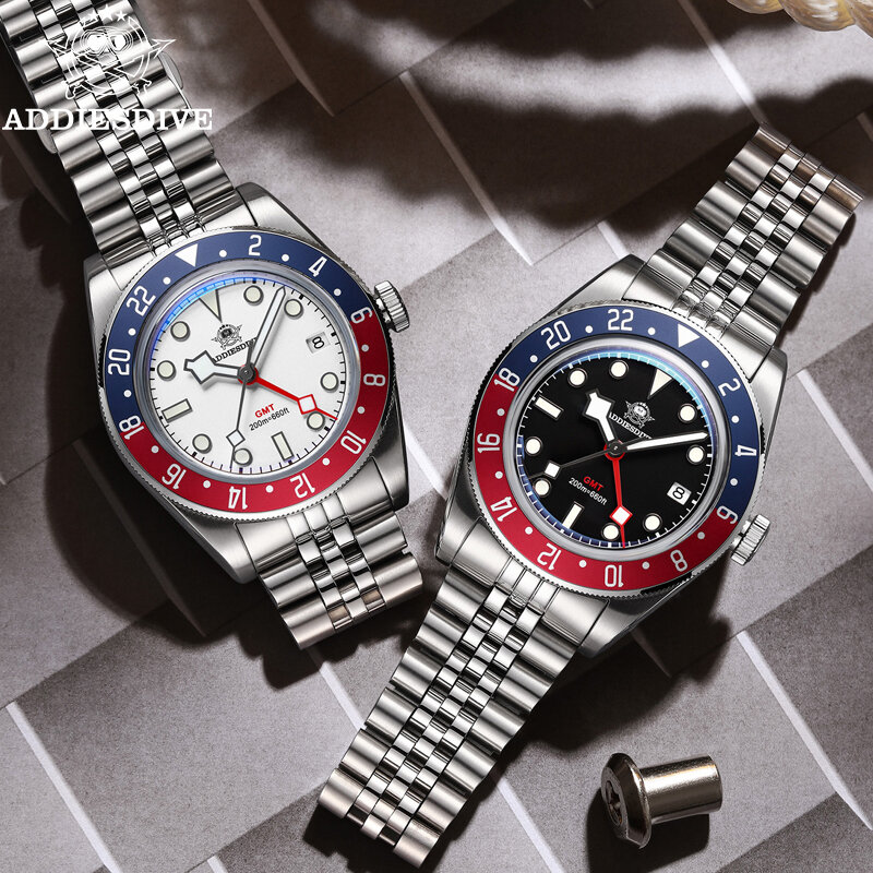 ADDIESDIVE Men's GMT Watch 316L Stainless Steel Reloj 200M Waterproof  Bubble Mirror Glass BGW9 Super Luminous Quartz Watches