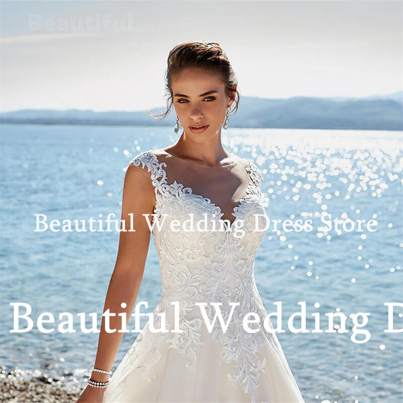 New Beach Lace Appliques Wedding Dress O-Neck Sleeveless A-Line Tulle Floor-Length Vestidos de novia 2024 Women Bridal Gown