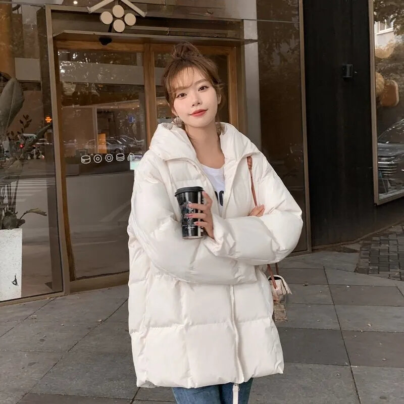 Casacos bolha soltos para mulheres, parca de algodão, jaquetas femininas, roupas básicas simples, zíper branco, estilo coreano, novo, inverno, 2023