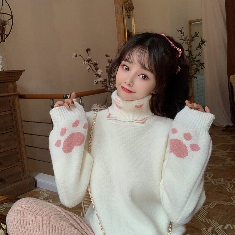 Suéter de cuello alto suelto bordado de gato Lolita dulce para mujer, abrigo de punto japonés Kawaii Ulzzang, jerséis Harajuku para mujer