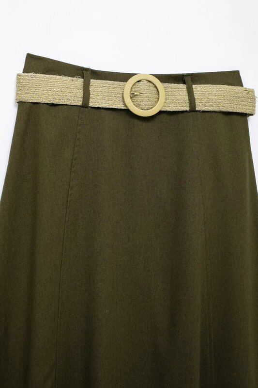 Falda Midi con cinturón para Mujer, falda holgada de lino mezclado, estilo Retro, cintura alta, cremallera, nueva moda elegante