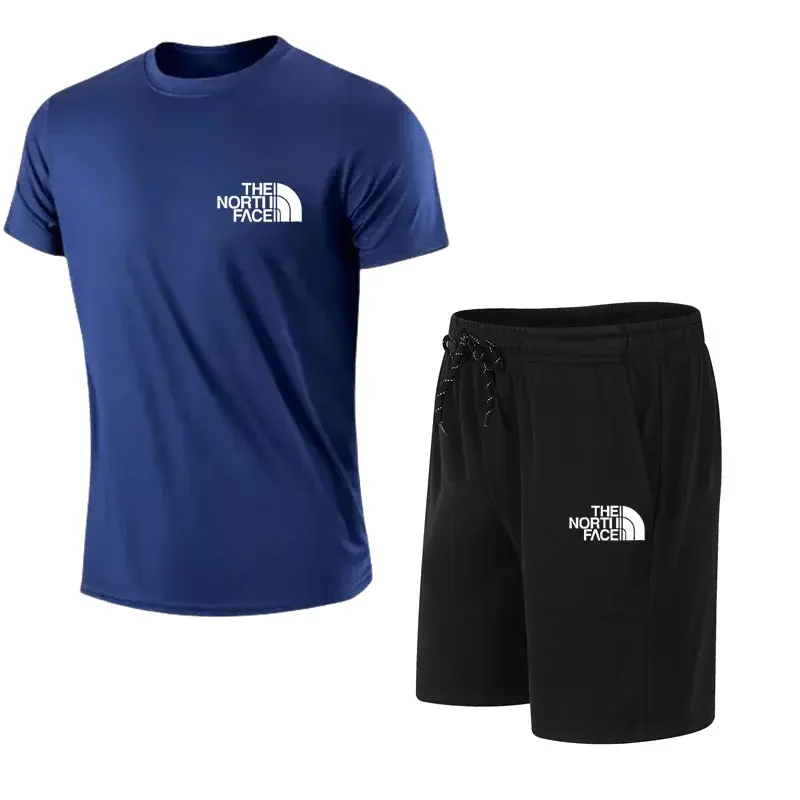 Setelan olahraga 2 potong pria, baju Fitness Jogging kasual lengan pendek katun + celana pendek musim panas