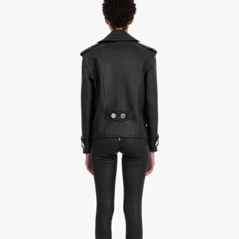 Mantel Wanita Musim Semi Panjang Pendek 2022 Model Lokomotif Mode Baru Jaket Kulit Asli Impor Tombol Dekoratif Kulit Domba