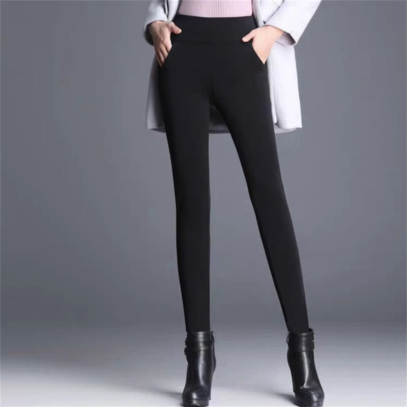 Pantalones de tubo de lana para mujer, Leggings de cintura alta, elegantes, estilo coreano, ajustados, sólidos, cálidos, elásticos, para oficina