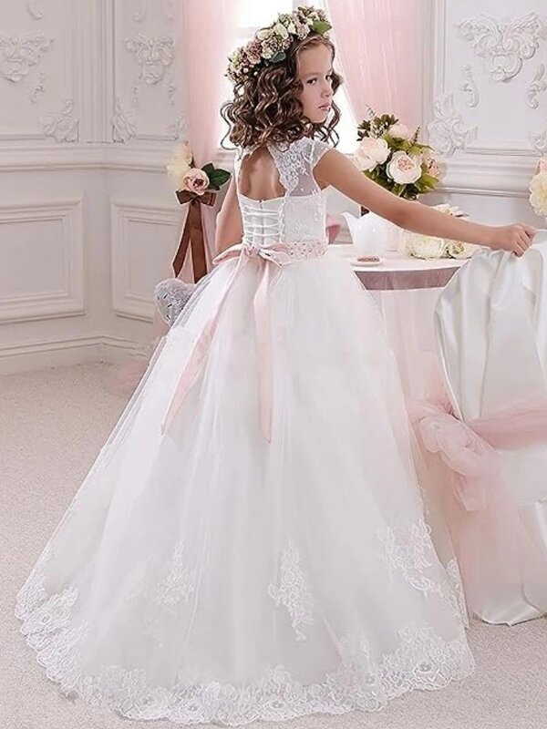 Flower Girl Dress Applique Lace Puffy Tulle  Princess First Communion Gown Sleeveless Bow Belt Banquet Birthday Dress for Kids
