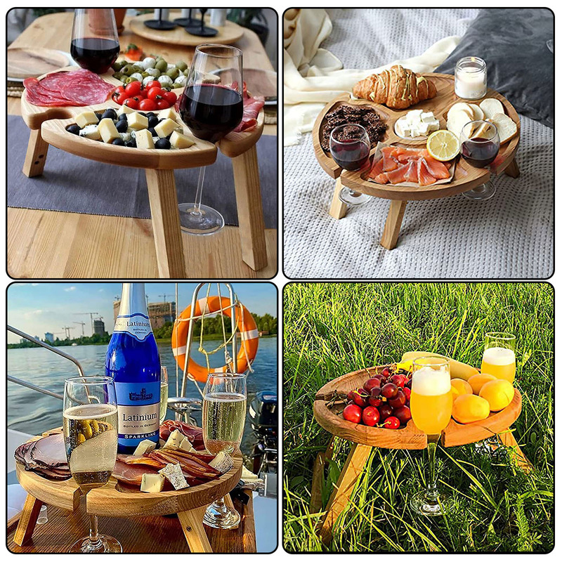 Mesa de piquenique dobrável portátil ao ar livre de madeira, bandeja de queijo, mesa dobrável, cremalheira do vinho, mesa de frutas turísticas, acampamento