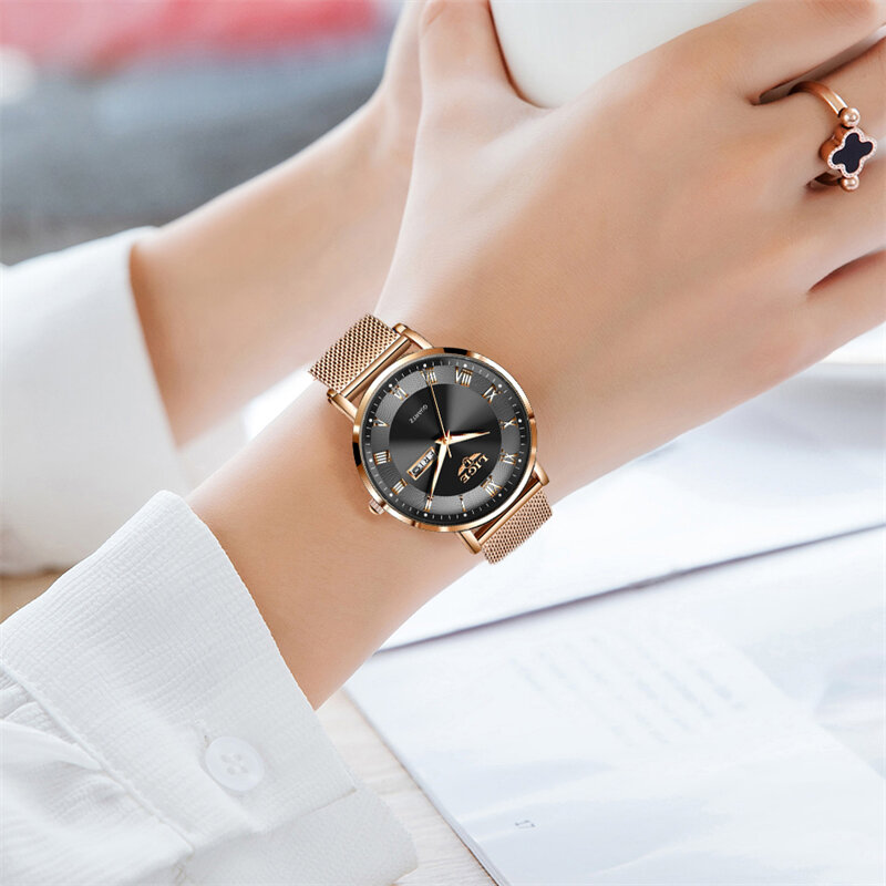 Часы наручные LIGE женские кварцевые, простые водонепроницаемые с браслетом из нержавеющей стали под розовое золото, с сетчатым браслетом