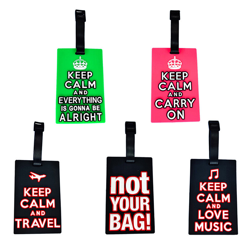 Etiqueta de equipaje de viaje con letras creativas de dibujos animados, etiqueta portátil de silicona, identificador de bolsa de identificación de nombre, "Keep Calm"