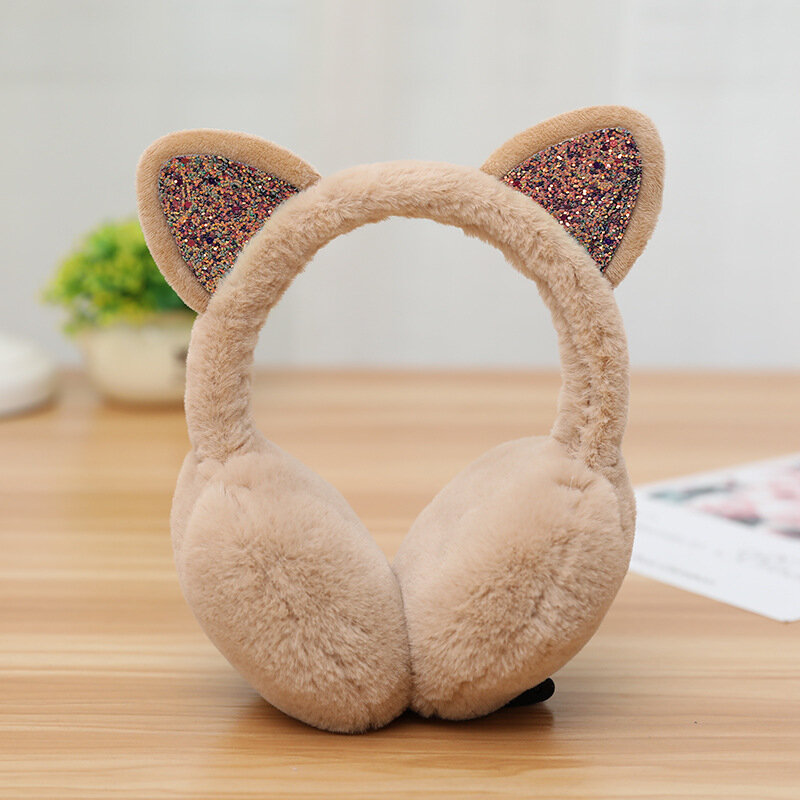 여성용 귀여운 고양이 귀 따뜻한 귀마개, 반짝이는 스팽글 귀, 부드러운 봉제 귀마개, 어린이 야외 귀 워머, 야외 방한
