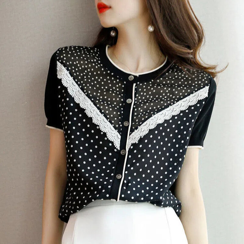 Simplicity Office Lady Summer New Women's O-Neck Polka Dot Lace Patchwork Single Breasted Loose Short Sleeve Chiffon Shirt Tops