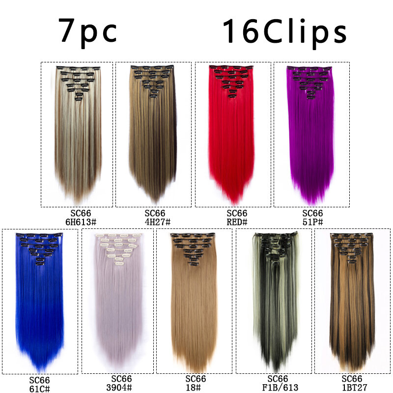 7Pcs/Set 22inch  Synthetic Clip On Hair Extension Straight Hairpiece Curly 16 Clips In Hair Ombre Heat Resistant Fiber
