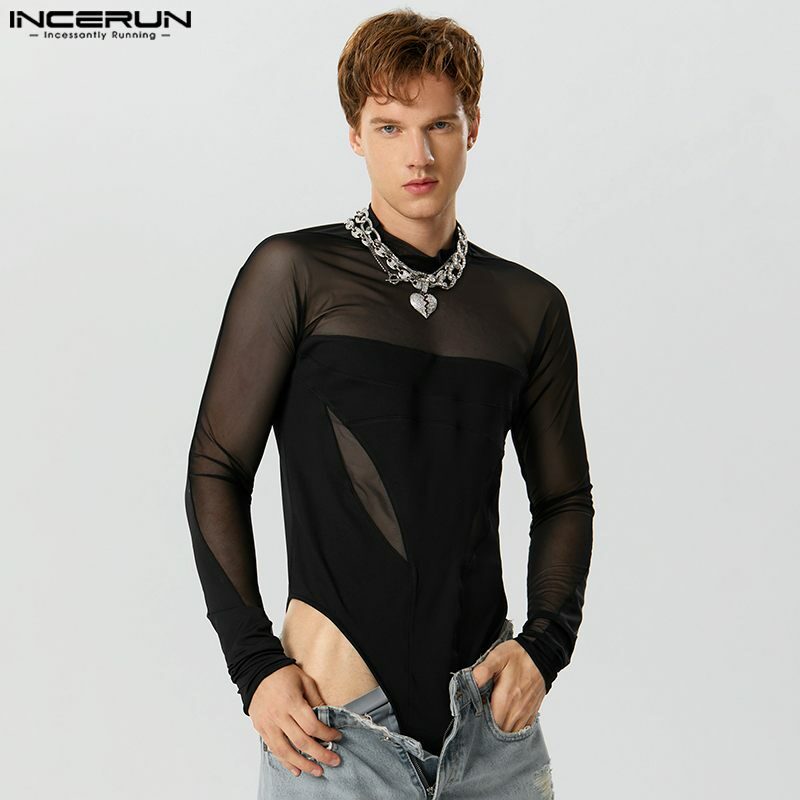 INCERUN 2023 Sexy Casual New Mens Rompers Splicing See-through Mesh Bodysuit Stylish Male Solid Thin Long Sleeve Jumpsuits S-5XL