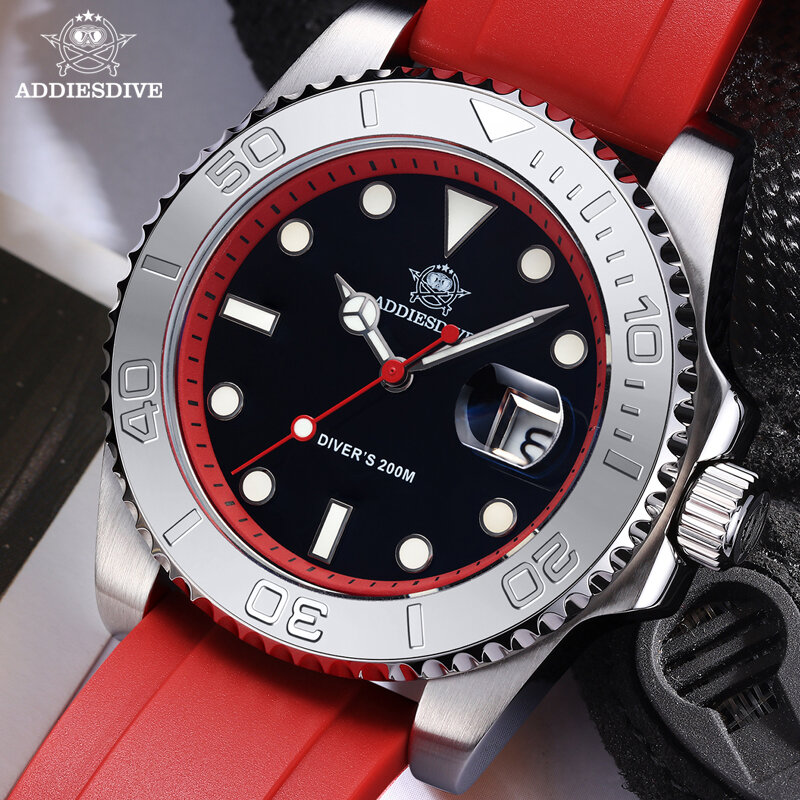 ADDIESDIVE-Relógio de quartzo para homens, aço inoxidável, pulseira de borracha luminosa, 200m mergulho, 41mm, novo, BGW9