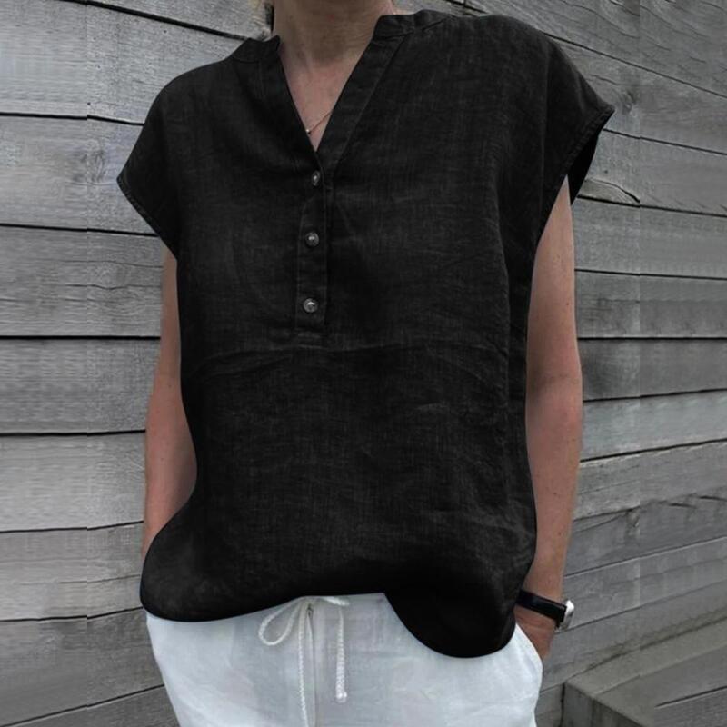 2024 New Women V Neck Short Sleeve Blouse Simple T-shirt Summer Solid Color Casual Summer Tops Loose Work Blusas Femme Chemise