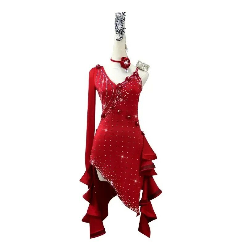 Professional Red Latin Dance Dress New Ladies Ballroom Party Show Costume Practice Wear Line Women Sports Skirt Female Clothing