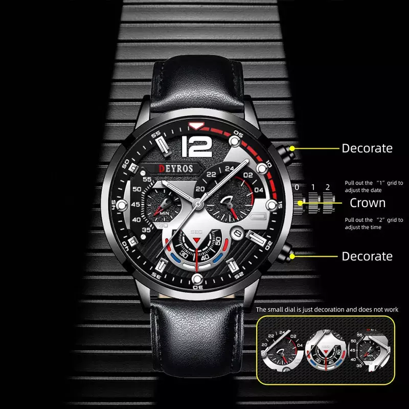 男性用ステンレススチール腕時計,クォーツ時計,カレンダー,発光,カジュアル,レザー