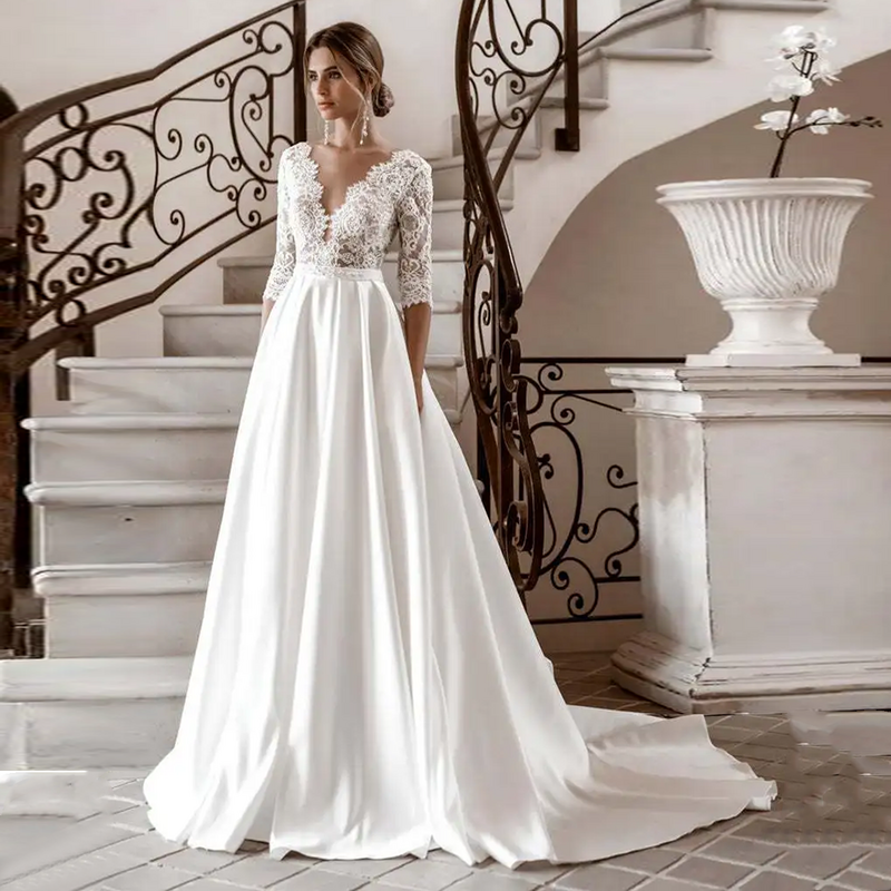 High Quality Satin Ball Gown Wedding Dress 2024 Luxury Half Sleeve Europe Style Wedding Gowns Ball Gown Plus Size Court Train