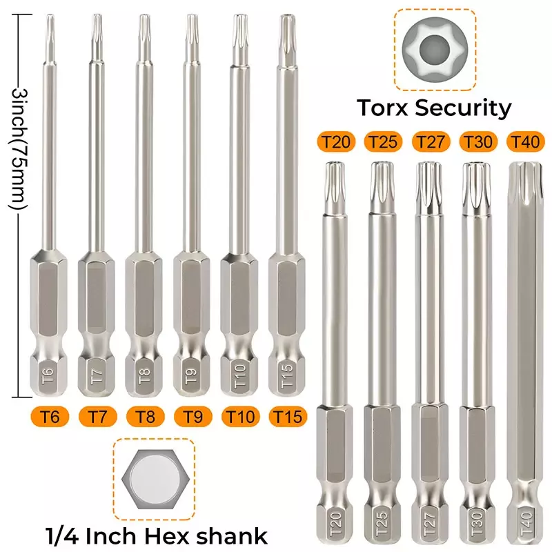 11pcs 75mm Torx Head Drill Bit Set S2 Steel Magnetic Torx Bit Set T6-T40 1/4 Inch Hex SecurityTorx Screwdriver Bits with Hole