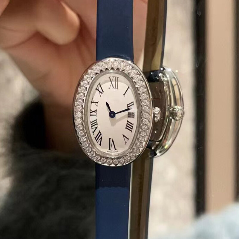 Designer ovale cassa di diamanti in acciaio specchio di cristallo placcato argento quadrante orologio al quarzo 2024 nuovo orologio da donna di moda orologio di lusso