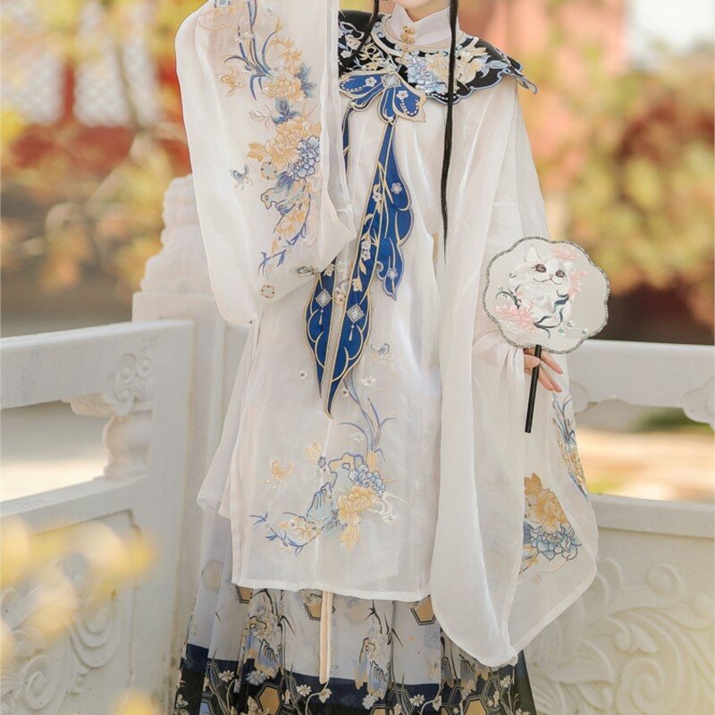 Ming-Style Stand-up Collar Shirt Waist-High Dress Machine Embroidery Cloud Shoulder Hanfu