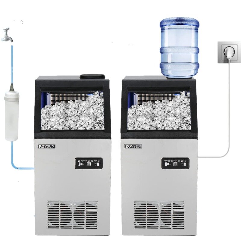 ROVSUN mesin pembuat es komersial 110LBS/24 jam, dengan 2 inlet air, mesin es berdiri bebas dengan tempat penyimpanan 24lbs
