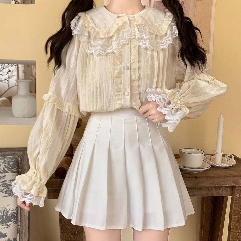 QWEEK japoński miękki styl Lolita bluzki śliczne kołnierz piotruś Pan koronkowe falbany z długim rękawem JK koszule kobiety Kawaii Blusas Mujer Chic