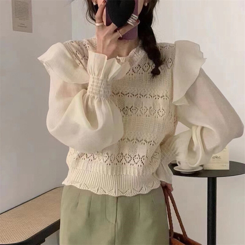 Knitting Sweater Puff Sleeve Casual O Neck Women Long Sleeve Elegant Pullovers Autumn Solid Fashion Streetwear Y2k Tops Korean
