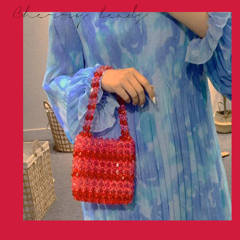 Cor de cereja saco transparente bonito artesanal frisado próprio designer bolsa acrílico mão-tecido frisado cristal pérola clara bolsas