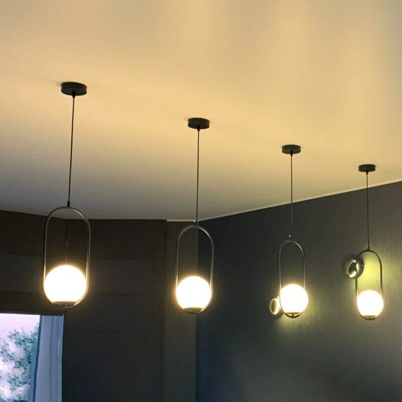 Nordic стеклянные шаровые подвесные светильники, подвесные лампы для потолка для столовой, спальни, латунь/черный/хром, Современная подвесная люстра