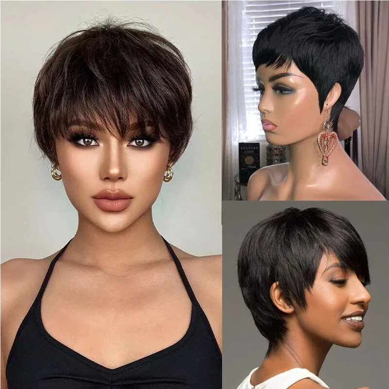 Pelucas de cabello humano brasileño con corte Pixie para Mujeres Afro, pelo corto recto con flequillo, negro Natural, Remy, sin pegamento