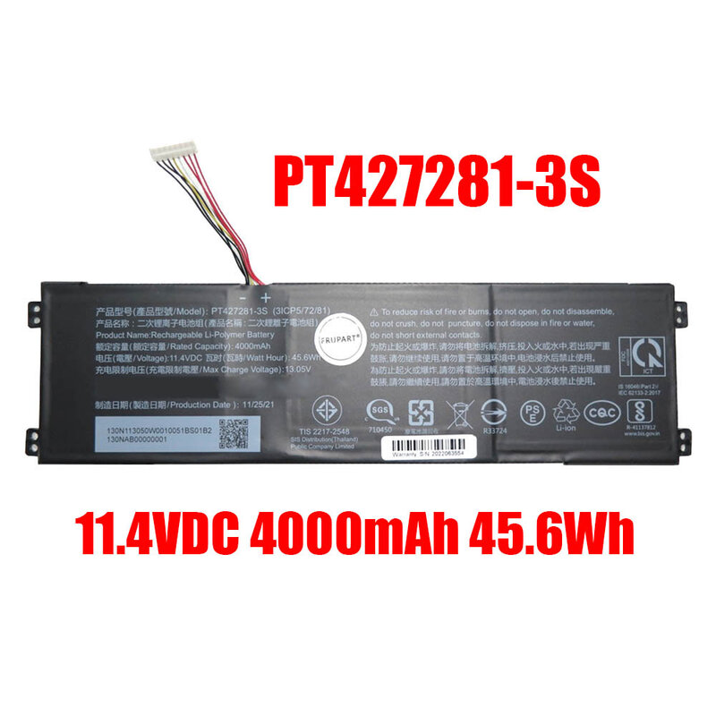 PT427281-3S bateria do portátil, 11.4v, 4000mAh, 54.6 w, Novo